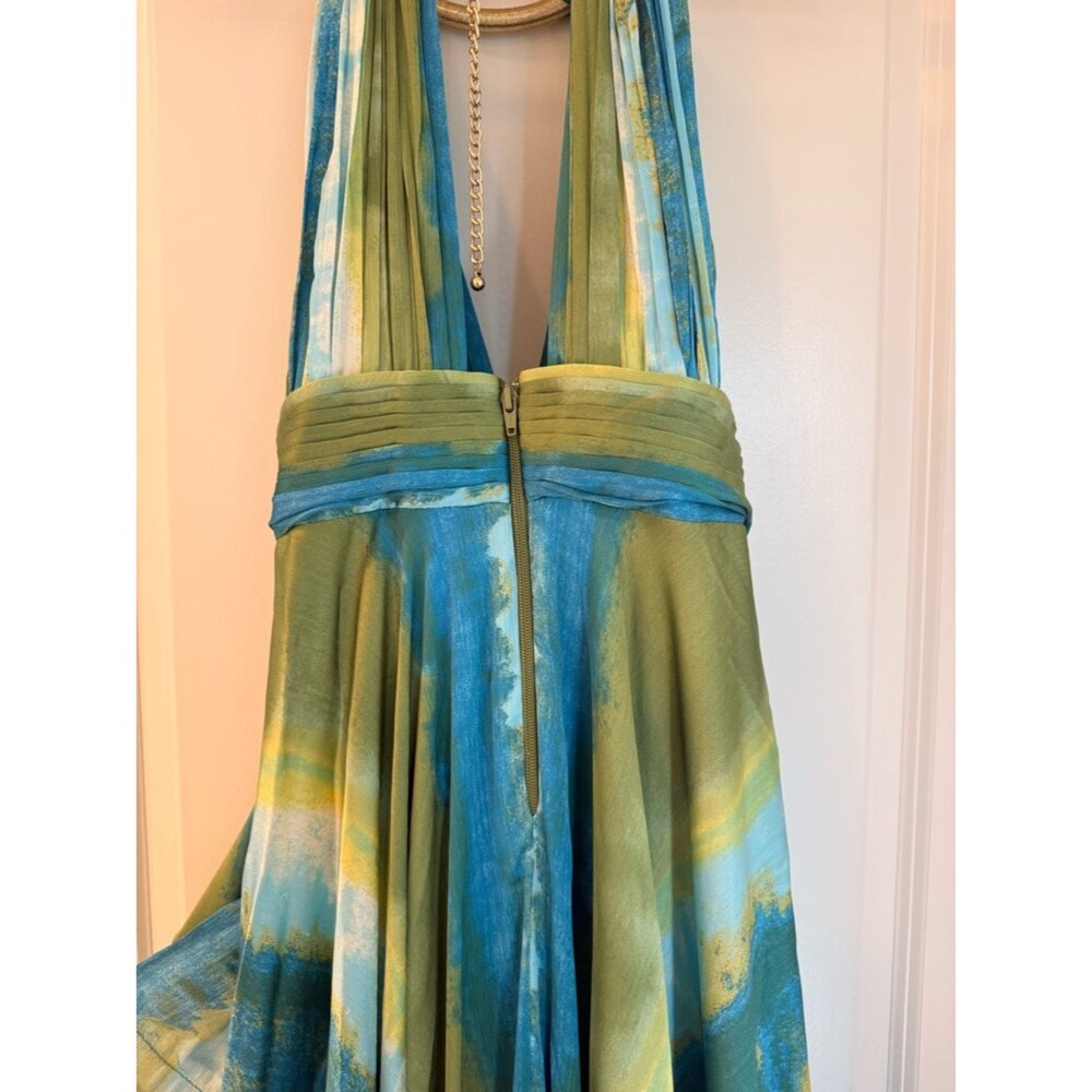 Bronx Banco Palma Coastal Gown Teal & Lime Halter High-Low Ruffle Maxi Dress - Picture 14 of 16